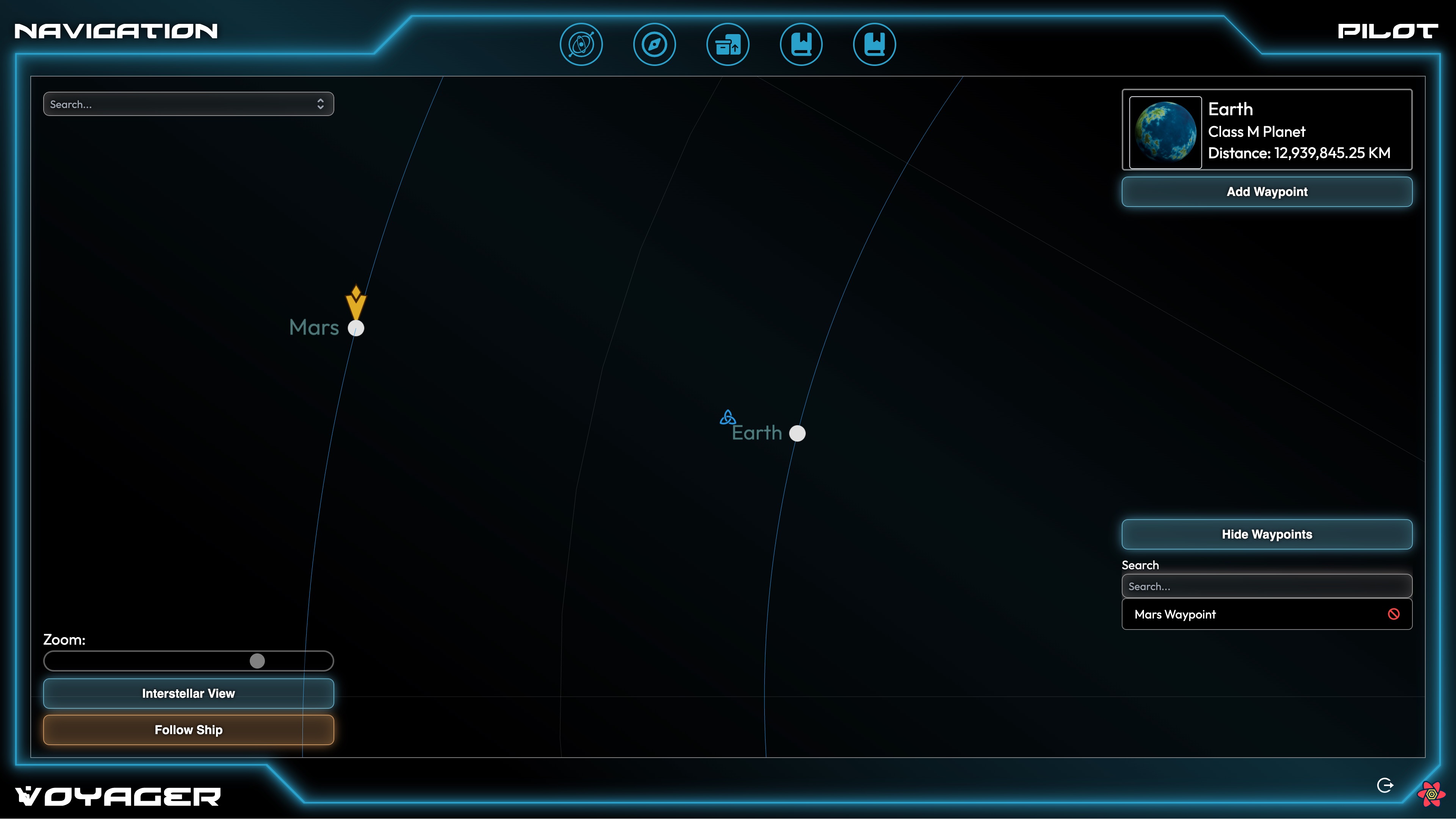 The navigation screen lets the crew set course and see the ship's position.
